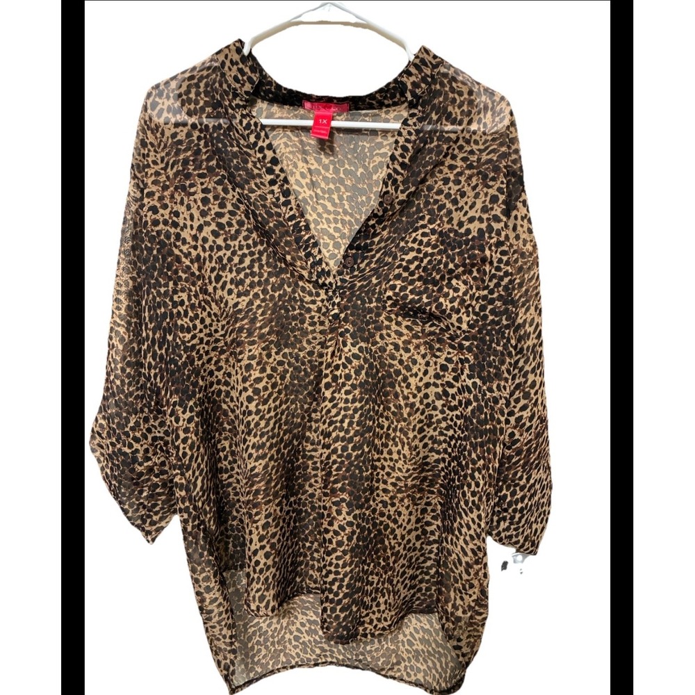 Mix & Co Womens XL Leopard Print Sheer V-Neck Button Front Blouse Brown Black